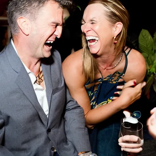 Image similar to jami heinaman laughing with adam saveage by a party candid shot