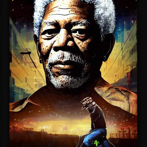 Prompt: portrait of morgan freeman, high - tech cowboy by sandra chevrier, detailed render, epic composition, cybernetics, 4 k realistic, cryengine, realistic shaded lighting, sharp focus, masterpiece, by matteo scalera, gary montalbano, peter elson in the style of the tokyo ghost comic,