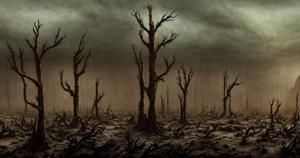 Image similar to epic professional digital art of hungry barren desert with dessicated forest, faint golden moody atmospheric lighting, painted, intricate, detailed, detailed, foreboding, by leesha hannigan, wayne haag, reyna rochin, ignacio fernandez rios, mark ryden, iris van herpen,, epic, stunning, gorgeous, much wow, cinematic, masterpiece.