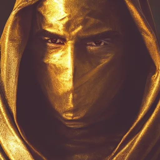 Image similar to a portrait of a man wearing a long dark cloak, hood and shadows covering face, holding golden chains, oil painting, Volumetric Golden dappled dynamic lighting, Highly Detailed, Cinematic Lighting, Unreal Engine, 8k, HD