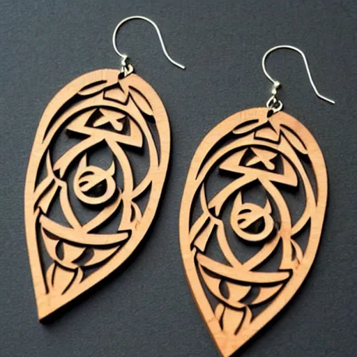 Image similar to 2 d wood lasercut earrings, mystical symbols, 8 k, hd, trending on artstation, trending on deviantart, trending on etsy, epic digital art