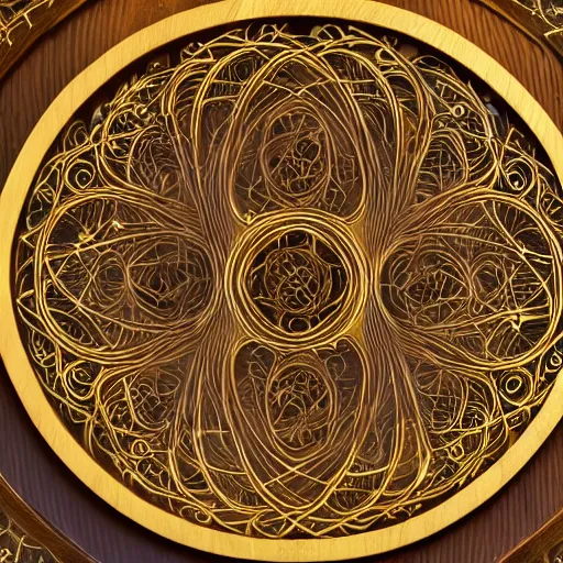 Image similar to a well - lit photo of an intricate gold filigree art nouveau set of concentric spheres on a wooden table, beautiful, detailed, flowing curves