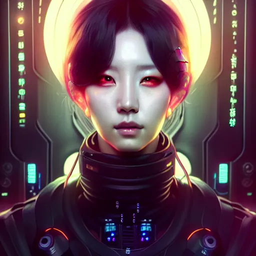 Prompt: portrait painting of a cyberpunk technician sunmi kpop, ultra realistic, concept art, intricate details, eerie, highly detailed, photorealistic, octane render, 8 k, unreal engine. art by artgerm and greg rutkowski and magali villeneuve and alphonse mucha