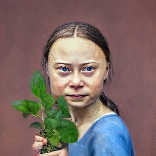 Image similar to Crying Greta Thunberg holding a green plant, impressionism, barren earth, gloomy colors, brown background, vivid attention to detail, by Greg Rutkowksi and Ilya Repin and Ander Duran