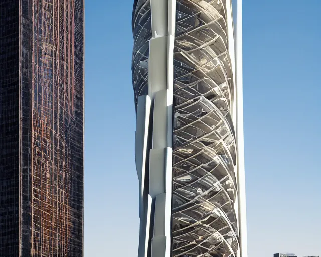 Image similar to a tower designed collaboratively by zaha hadid and frank lloyd wright