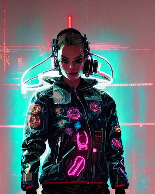 Image similar to neon operator margot robbie, cyberpunk futuristic neon, reflective puffy jacket, decorated with traditional japanese ornaments by ismail inceoglu dragan bibin hans thoma greg rutkowski alexandros pyromallis nekro rene maritte illustrated, perfect face, fine details, realistic shaded, fine - face, pretty face