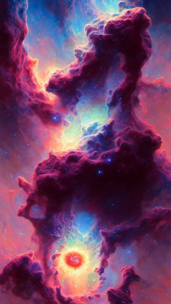 Image similar to psychedelic transcendent puffs! of smoke, space, vortex, supernova, nebulae, pillars of creation, high contrast lighting, highly detailed, concept art, art by collier, albert aublet, krenz cushart, artem demura, alphonse mucha