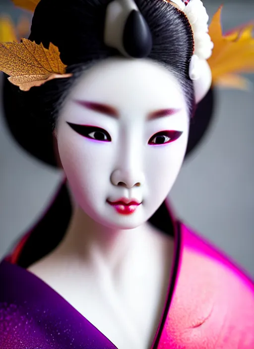 Prompt: Geisha extreme closeup photo portrait, beautiful pale makeup, pearlescent skin, elegant pose, very detailed, highly detailed kimono, photorealism, artstation, different point of view, sharp focus, photorealistic, soft diffuse autumn lights, some sunlight ray, dark room wall, canon 5D 50 mm lens, zen natural background, def of field