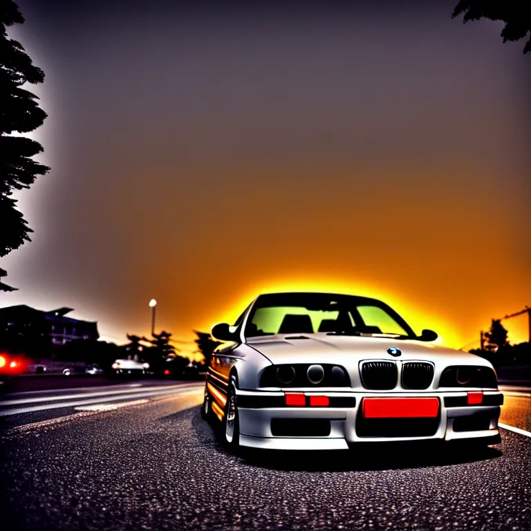 Prompt: close-up-photo BMW E36 middle of street, sunset kanagawa prefecture, night, cinematic color, photorealistic, highly detailed,