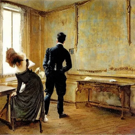 Image similar to a man and a woman solving an escape room puzzle alfred stevens