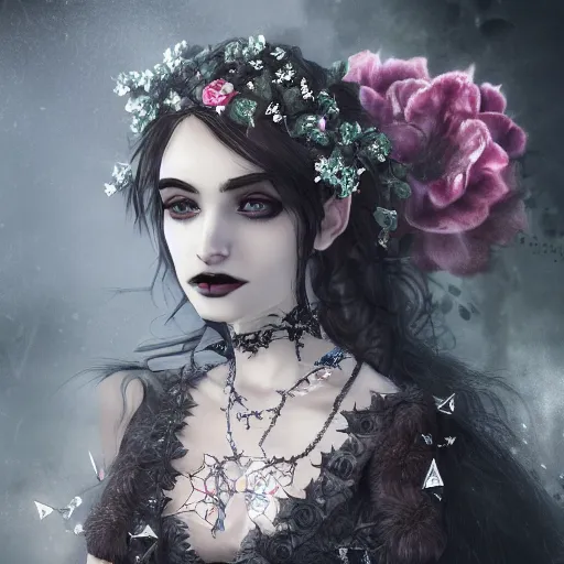 Prompt: A portrait of a Gothic goddess of floral jewels in an empty land, dark and mysterious, lively atmospheric, cinematic, 8k, 4k, ultra detail, ultra-realistic, rendered by DeviantArt