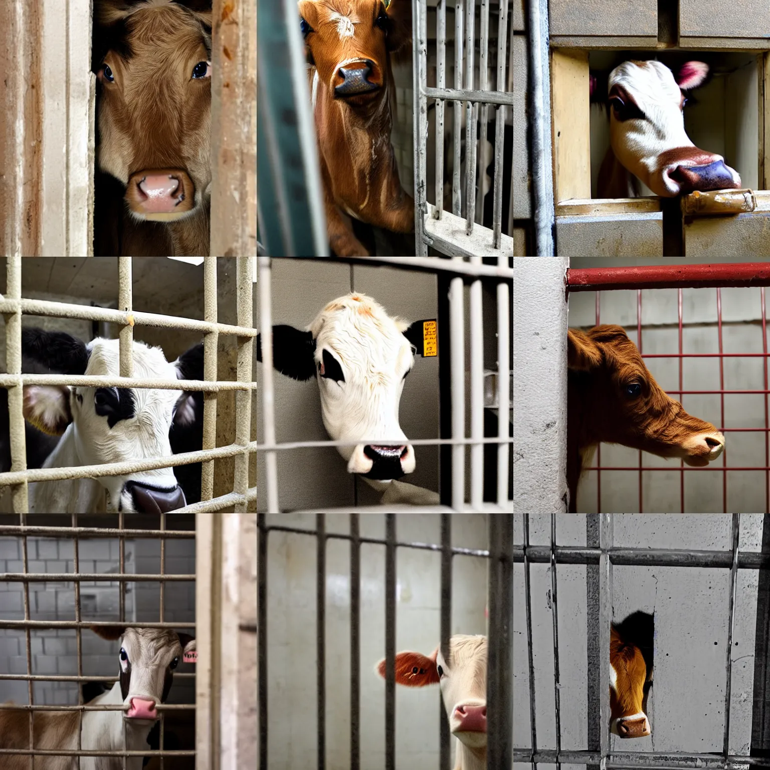 Prompt: calf inside a jailcell watching a bottle of milk