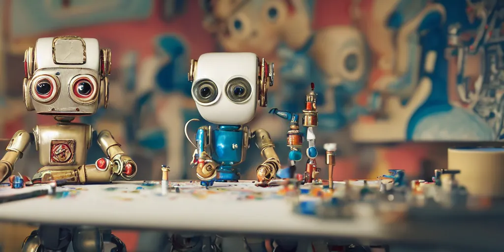 Image similar to closeup portrait of tin toy retro robot painter mixing gouache on white paper table in an artist workshop, depth of field, zeiss lens, detailed, centered, fashion photoshoot, by nicoletta ceccoli, mark ryden, lostfish, breathtaking, 8 k resolution, extremely detailed, beautiful, establishing shot, artistic, hyperrealistic, octane render