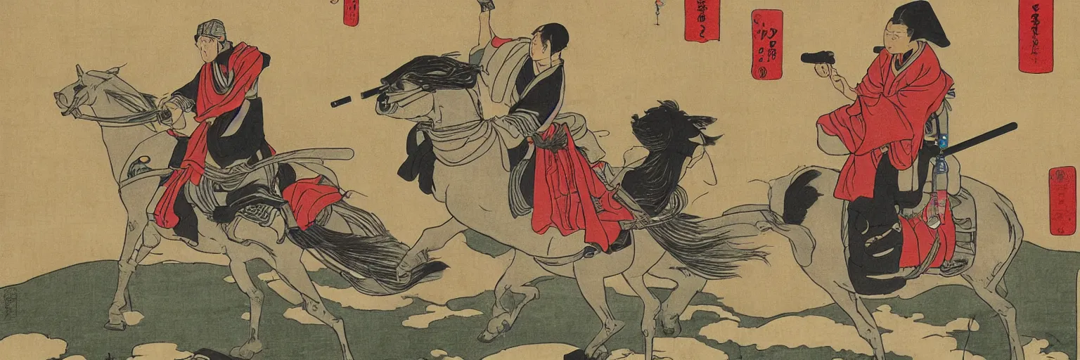 Prompt: Jedi riding on horseback with a lightsaber, rice paddy, ukiyo-e painting