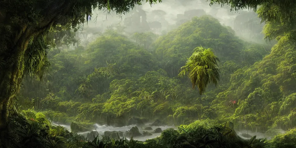 Prompt: view of a jungle planet with lush vegetation and rivers and a human colony, sci-fi, concept art, digital painting, still, highly detailed, intricate details, landscape