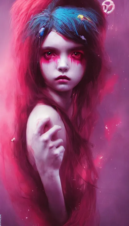 Image similar to shot of sinister girl with pouty aerochrome ( ( ( lips ) ) ), fungal, adorable, expressive eyes, kawaii playful pose of a dancer, greg rutkowski, charlie bowater, yuumei, stephen gammell, unreal 5, daz, hyperrealistic, dark, dynamic lighting, fantasy art, beautiful face