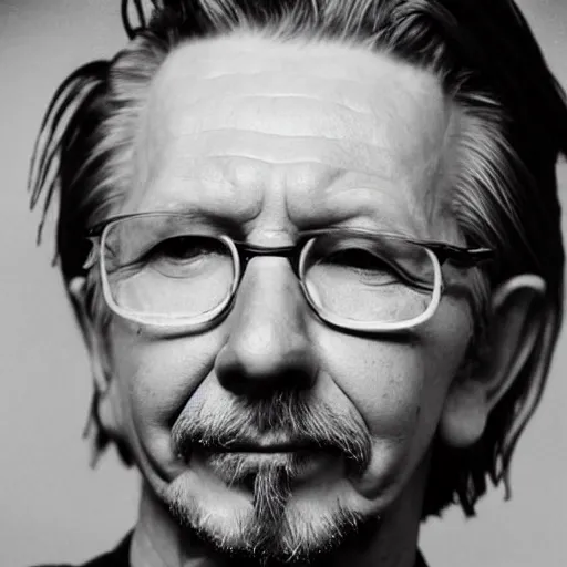 Image similar to an old worn photo of gary oldman emerging from his stone tomb