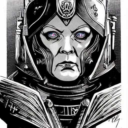 Prompt: a beautifully detailed warhammer 4 0 k portrait of angela merkel as inquisitor. pen and ink by moebius.