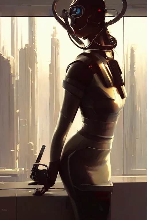 Image similar to futuristic office, cyberpunk, painting by greg rutkowski, j. c. leyendecker, artgerm