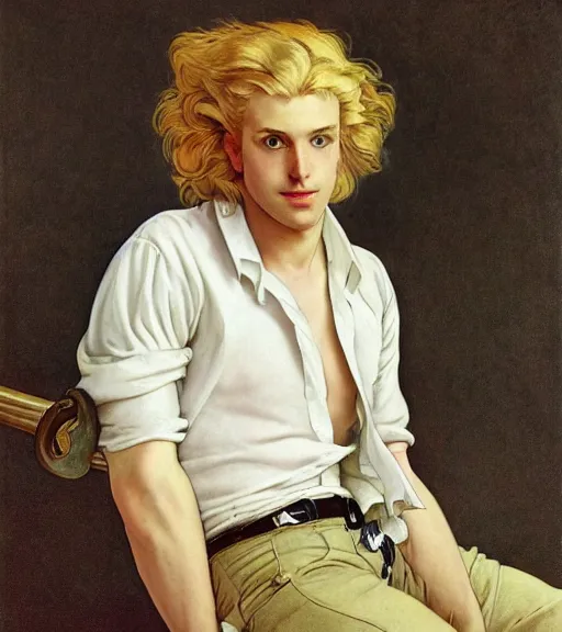 Image similar to clean cel shaded art of a pale androgynous blond young man, long fluffy curly blond hair, light platinum long blond hair, wearing black leather riding pants and a white poet shirt, Alexandre Cabanel, norman rockwell, peter paul rubens, maler collier, frank frazetta, alphonse mucha, gustav klimt 4k, unreal 5, DAZ, french noveau, trending on artstation, octane render, hyperrealistic