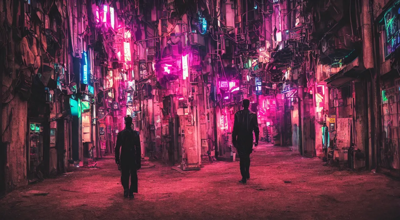 Prompt: a photo of a cyberpunk man walking in a medival village, the photo was taken from the ground looking up at the man's back, the city does not have any glowing lights, it is night time, the man has glowing neon pink and blue lights on his back, ultra high detail.