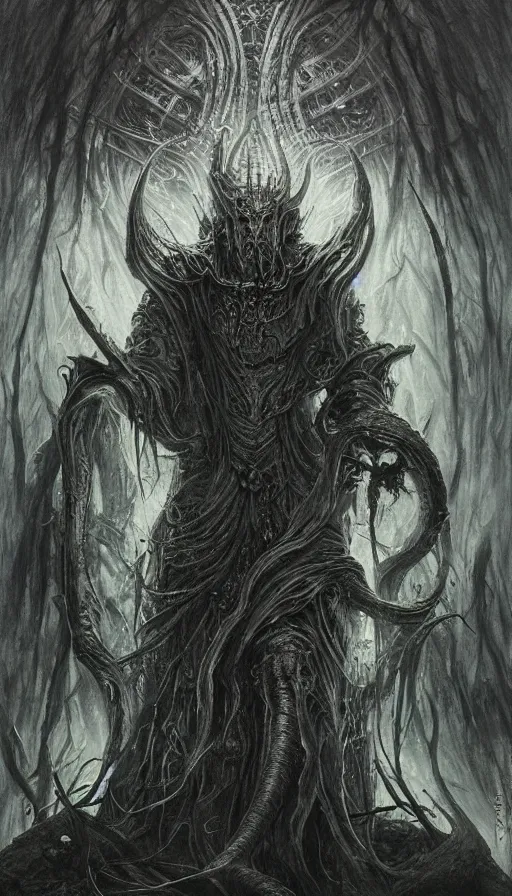 Image similar to Elden Ring and Lord of the Rings themed painting of majestic dark lord Morgoth, intricate artwork by Artgerm, Johnatan Wayshak, Zdizslaw Beksinski, Darius Zawadzki, H.R. Giger, Takato Yamamoto, masterpiece, very coherent artwork, cinematic, high detail, octane render, unreal engine, 8k, High contrast, golden ratio, trending on cgsociety, ultra high quality model, production quality cinema model