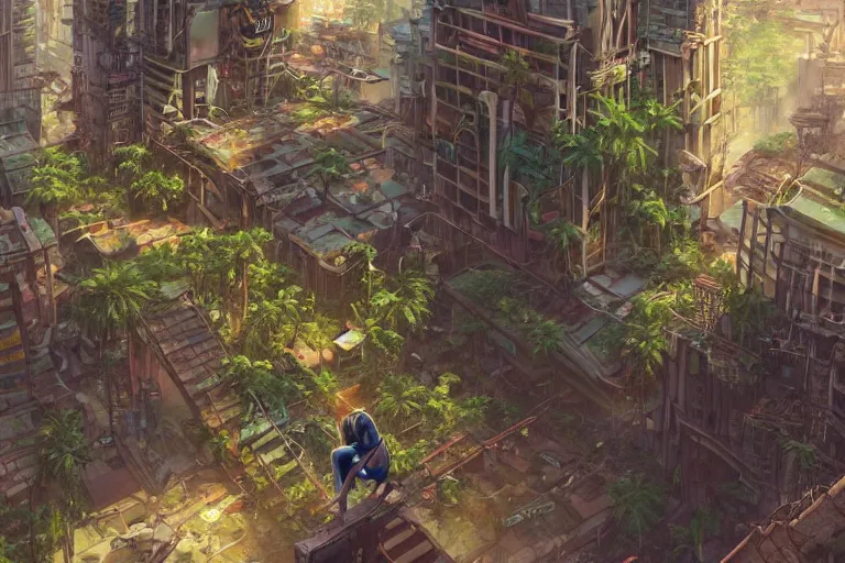 Prompt: a cyberpunk city in ruins, jungle plants overgrowing the streets and buildings, cats run through the ruins, drinking from pools of water and climbing on old fallen signs, by artgerm and amano and rutkowski and kincaid, trending on artstation