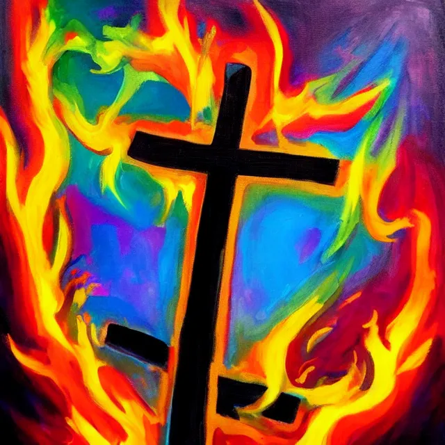 Image similar to cross on fire burning in flames, rainbow colors, oil painting, bold strokes