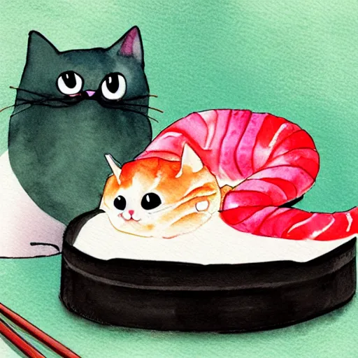 Image similar to sushi cats watercolour children's book illustration