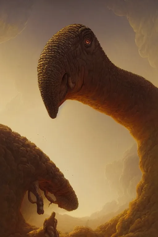 Image similar to portrait of brontosaurus by Peter Mohrbacher and Peter Gric, volumetric lighting, good composition, trending on artstation, polarizer filter, in the golden hour