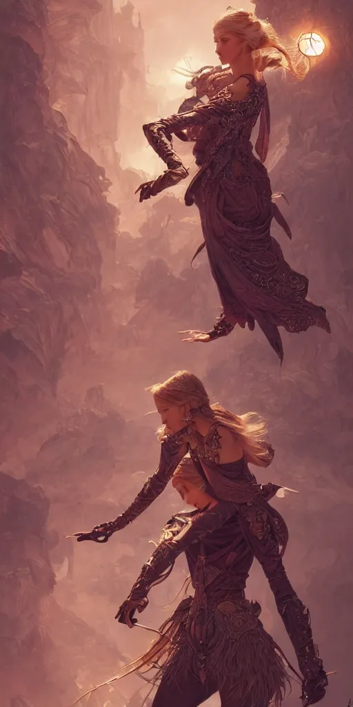 Image similar to sasha luss and dichen lachman, fantasy, intricate, highly detailed, action pose, digital painting, artstation, concept art, smooth, sharp focus, illustration, Unreal Engine 5, 8K, art by artgerm and greg rutkowski and alphonse mucha