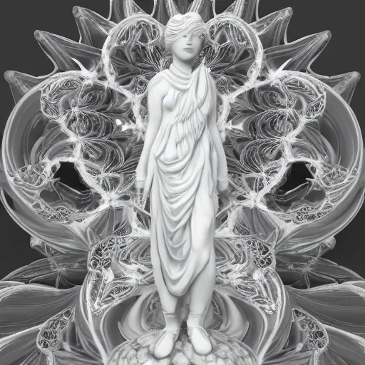 Image similar to an idealistic marble statue with sweeping clothes and with fractal flowery hair in a fractal garden, unreal engine, 8 k render, beautiful, full frame,