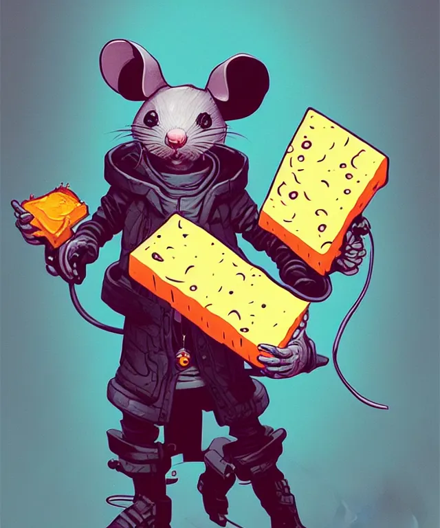 Image similar to a portrait of an anthropomorphic cyberpunk mouse holding a cheese, cyberpunk!, fantasy, elegant, digital painting, artstation, concept art, matte, sharp focus, illustration, art by josan gonzalez