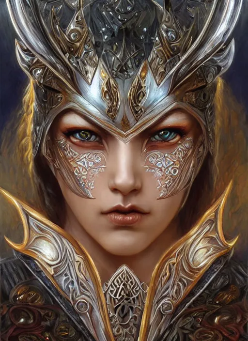 Image similar to a highly detailed symmetrical eye level shot of a female fantasy warrior with piercing beautiful eyes, art by artgerm and karol bak and mark brooks and donato giancola and bayard wu, oil painting, reallusion character creator, depth perception, elegant, intricate