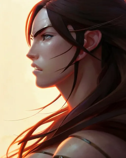 Image similar to azctec warrior, megan fox, detailed perfect face, exquisite details, fire magic, mid view, design on a white background, by studio muti, greg rutkowski makoto shinkai takashi takeuchi studio ghibli