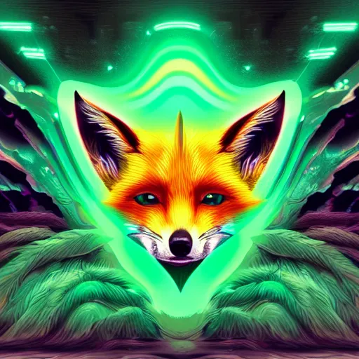 Prompt: digital dark green fox, retrowave palette, digital world, highly detailed, electric breeze, anatomically correct vulpine, synth feel, fluffy face, ear floof, flowing fur, super realism, accurate animal imagery, 4 k digital art