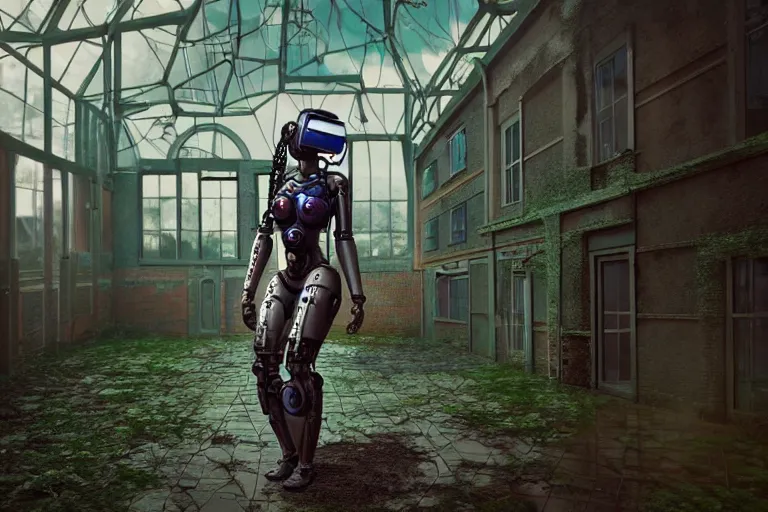 Image similar to Broken cyborg girl with VR helmet on old courtyard with mud and an old playground between two soviet five-storey overgrown with ivy panel houses, high details, cinematic, 8k resolution, beautiful detailed, insanely intricate details, artstation trending, rule of third, octane render, unreal engine