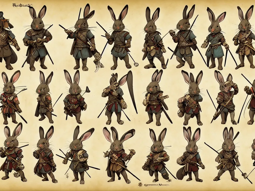 Image similar to character design sheet for a group of heroic rabbit archers on a parchment background, redwall, greg rutowski and jean baptiste monge, very very detailed, epic fantasy concept art