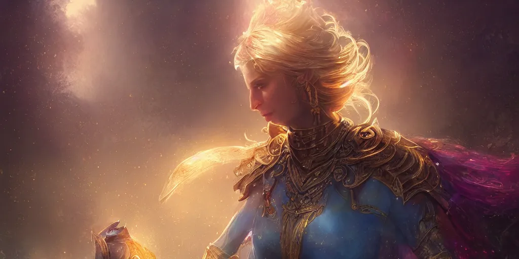 Image similar to the great beyond, beautiful woman in knights armor, sharp focus, intricate, elegant, digital painting, artstation, matte, highly detailed, concept art, illustration, volumetric lighting, gold and blue and pink color scheme, bokeh light, art by greg olsen and liz lemon swindle