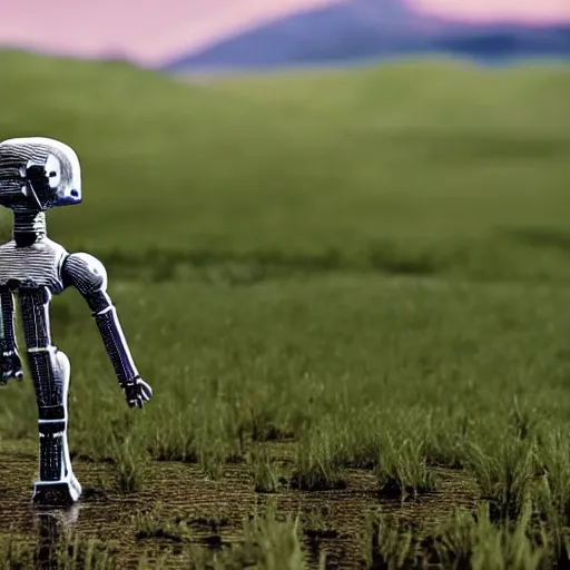 Prompt: upper torso droid, with no legs, hovering above a field with a stream running through it