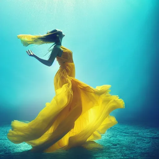 Image similar to woman dancing underwater wearing a flowing dress made of blue, magenta, and yellow seaweed, delicate coral sea bottom, swirling silver fish, swirling smoke shapes, octane render, caustics lighting from above, cinematic