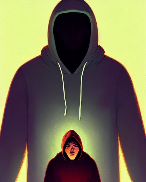 Image similar to tomorrowland, hyper - realistic portrait of a man in a hoodie, with detailed background, intricate, 4 k, by atey ghailan, by greg rutkowski, by greg tocchini, by james gilleard, by joe fenton, by kaethe butcher, dynamic lighting, lighting color scheme, sharp focus, grunge aesthetic