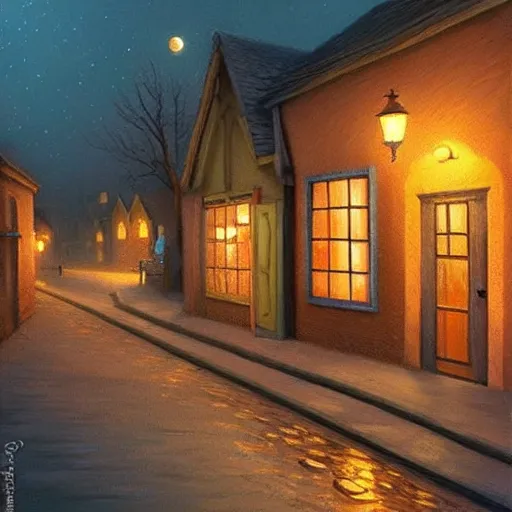 Image similar to towninspired by Evgeny Lushpin stores,cottages,streets,spring, midnight,full moon,cinematic,