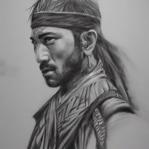 Image similar to Kurdish samurai, detailed charcoal sketch, realistic, incredibly detailed, award winning art, cinematic, extremely high detail, concept art