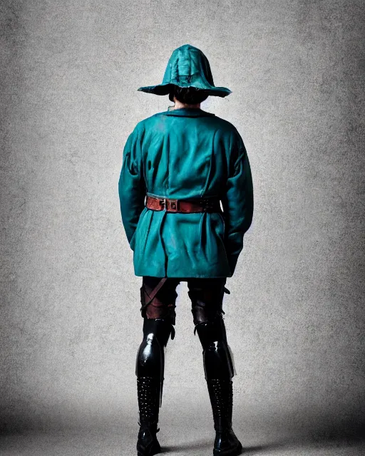 Prompt: an award - winning photo of an ancient male model wearing a plain baggy teal distressed medieval designer menswear dutch police jacket slightly inspired by medieval armour designed by alexander mcqueen, 4 k, studio lighting, wide angle lens