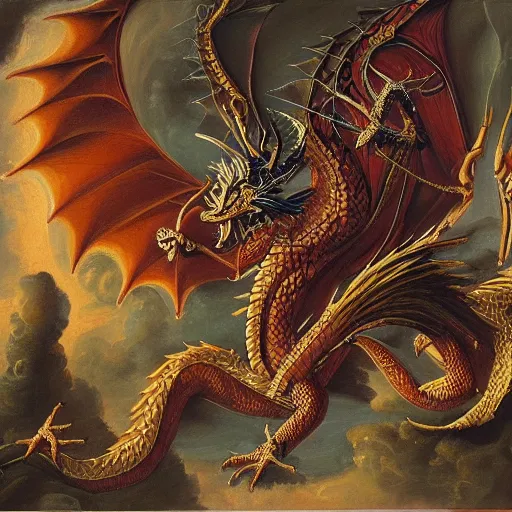 Image similar to dragon breathing fire, renaissance oil painting, 8 k, highly ornate intricate details, extreme detail,