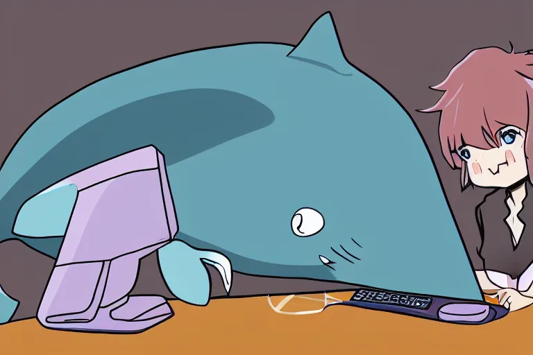 Image similar to anime whale using a computer, anime cute whale