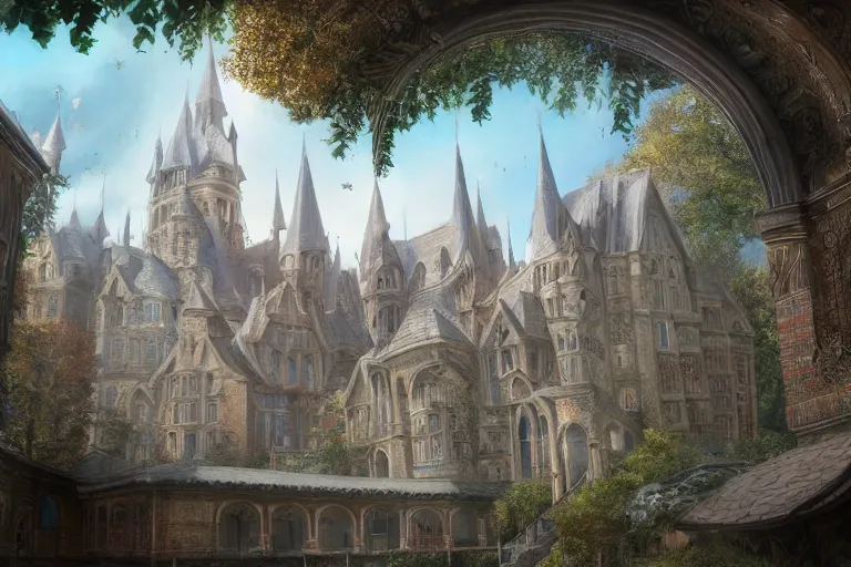 Image similar to A beautiful magical college viewed from the outide, texture, intricate, details, highly detailed, masterpiece, architecture, building, trending on artstation, focus, sharp focus, concept art, digital painting, fantasy, sunny, day, midday, in the style of Wizards of the Coast
