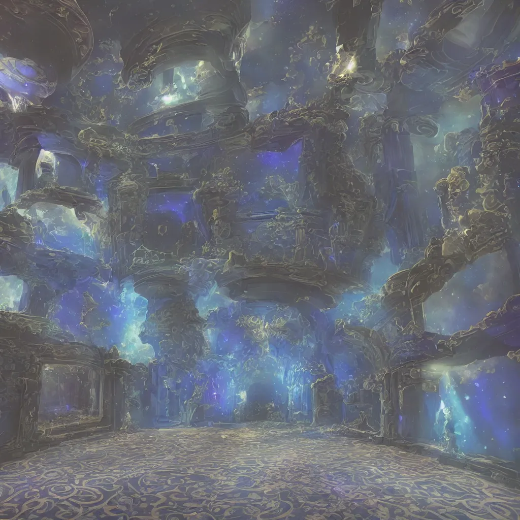 Image similar to the ruins of peach castle lobby, it would take place in space, with nebulas and stars in the background but with like, barely any walls inside, floating around in the space area, it would have a velvet blue aesthetic too, the logo on the carpet would be velvet room logo and there would be a throne in the room as well with a dark gray and blue aesthetic