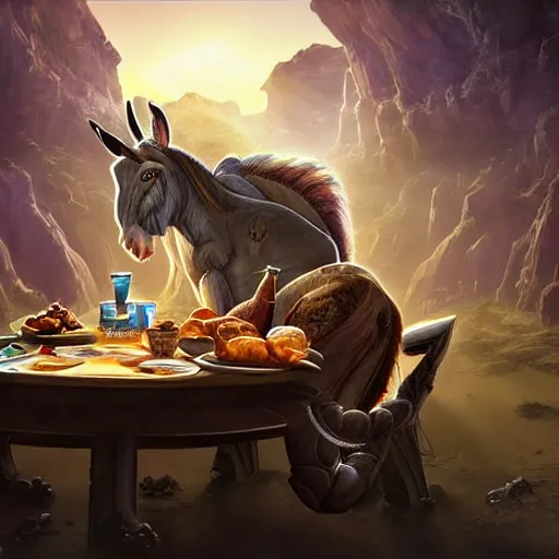 Prompt: zoom out, ultrarealistic, ultradetailed, war donkey eating breakfast, sitting on a futuristic table with aliens, at the end of the universe, very very very ultradetailed, epic fantasy style art, fantasy epic digital art, epic fantasy art, hearthstone style art